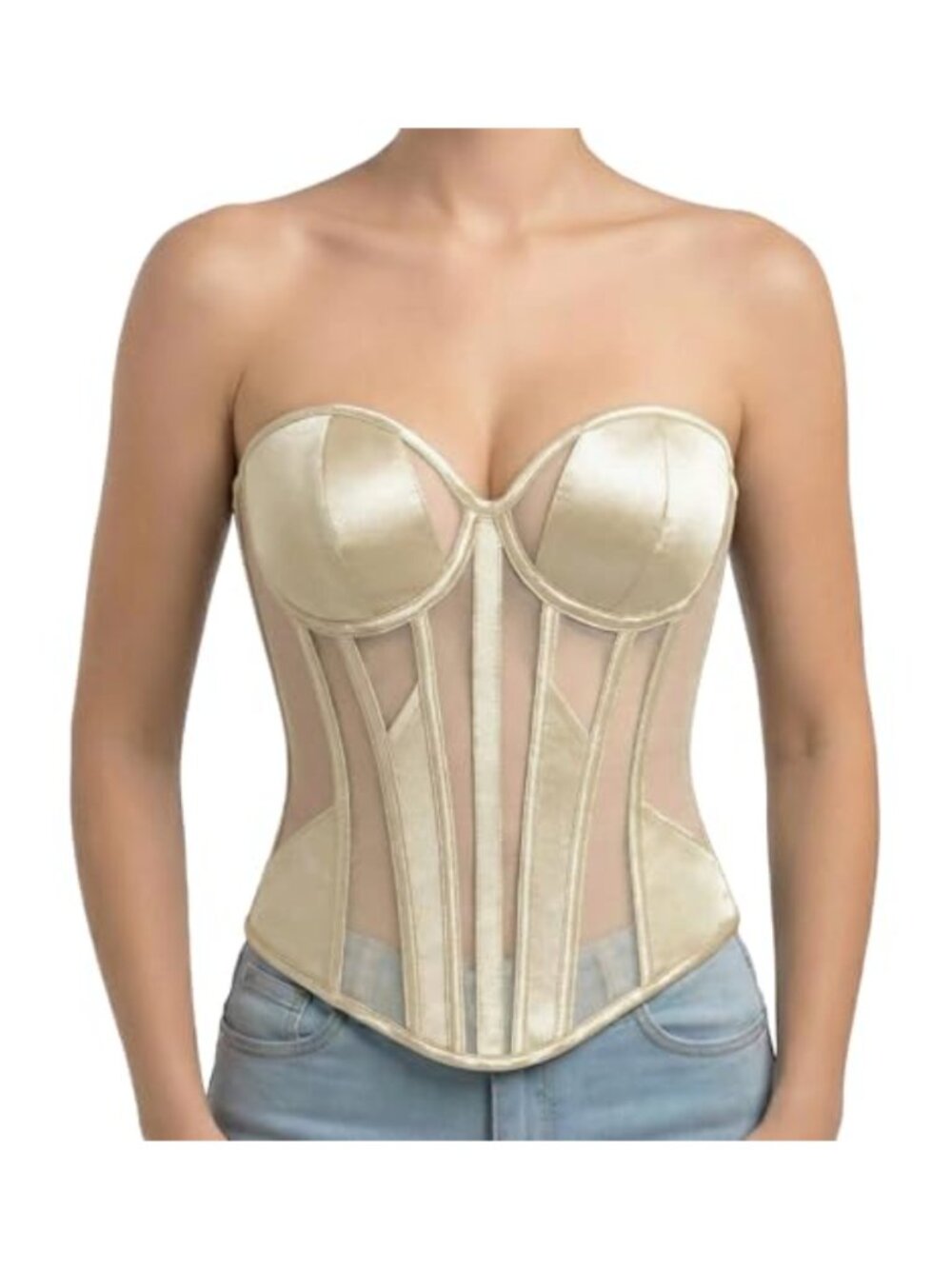 Satin Mesh Strapless Corset Lace-Up Underwire Padded Boned Bustier Top